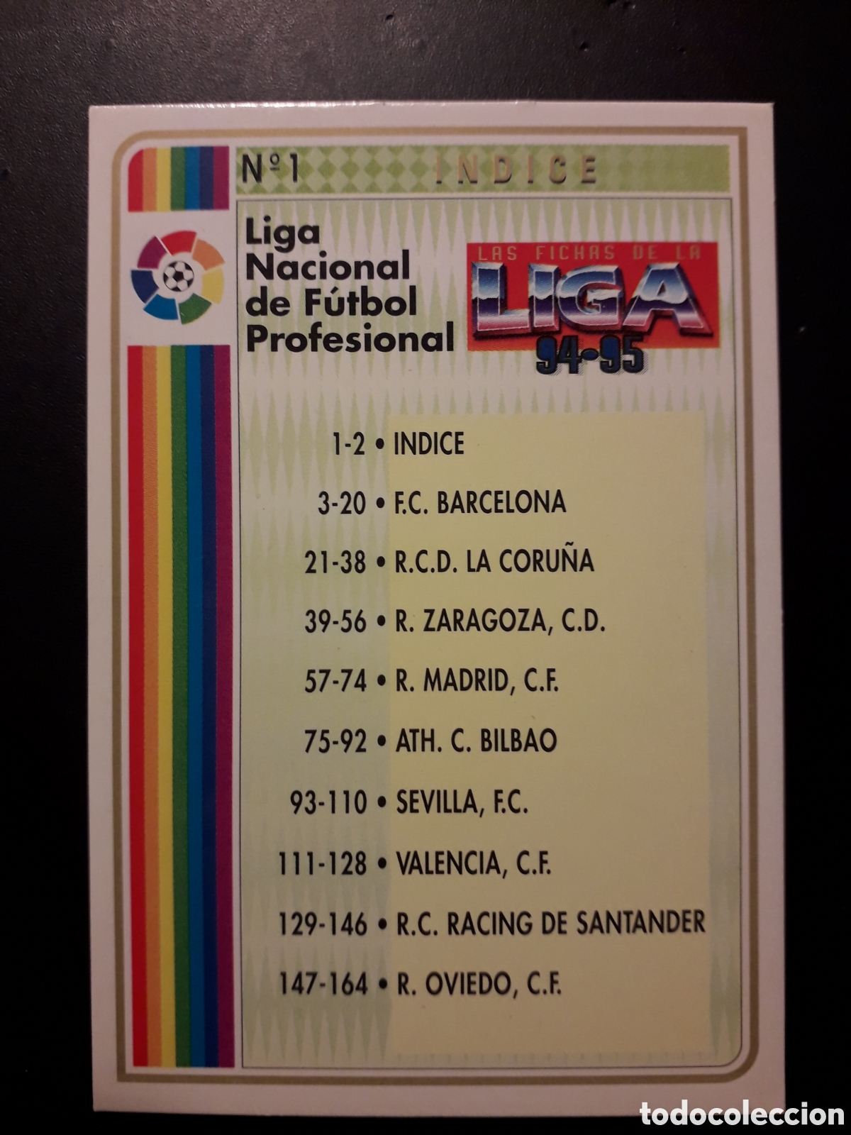 Cromos de F&uacute;tbol: &Iacute;NDICE LAS FICHAS DE LA LIGA 1994 1995 94 95 N&deg; 1 MUNDICROMO MC PEDIDO M&Iacute;NIMO 3&euro;.