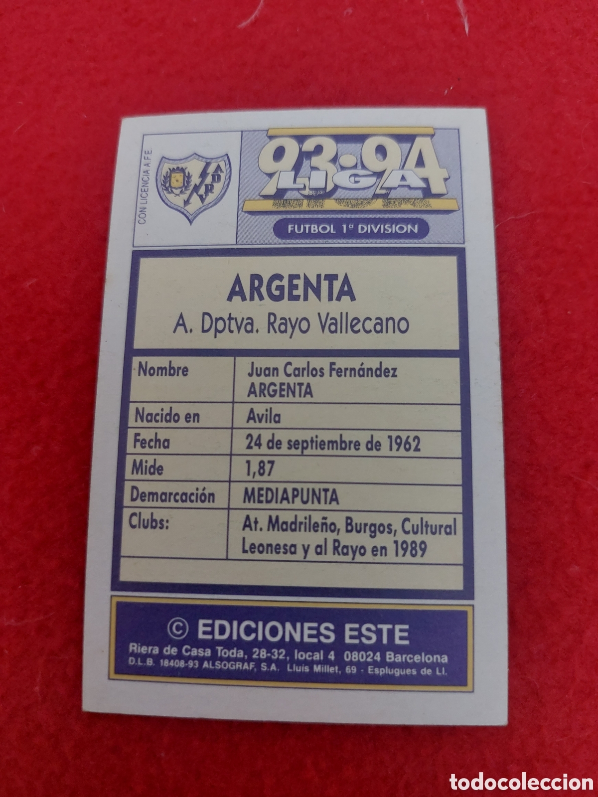 Cromos de f&uacute;tbol: Argenta baja rayo vallecano 93/94 - Foto 1