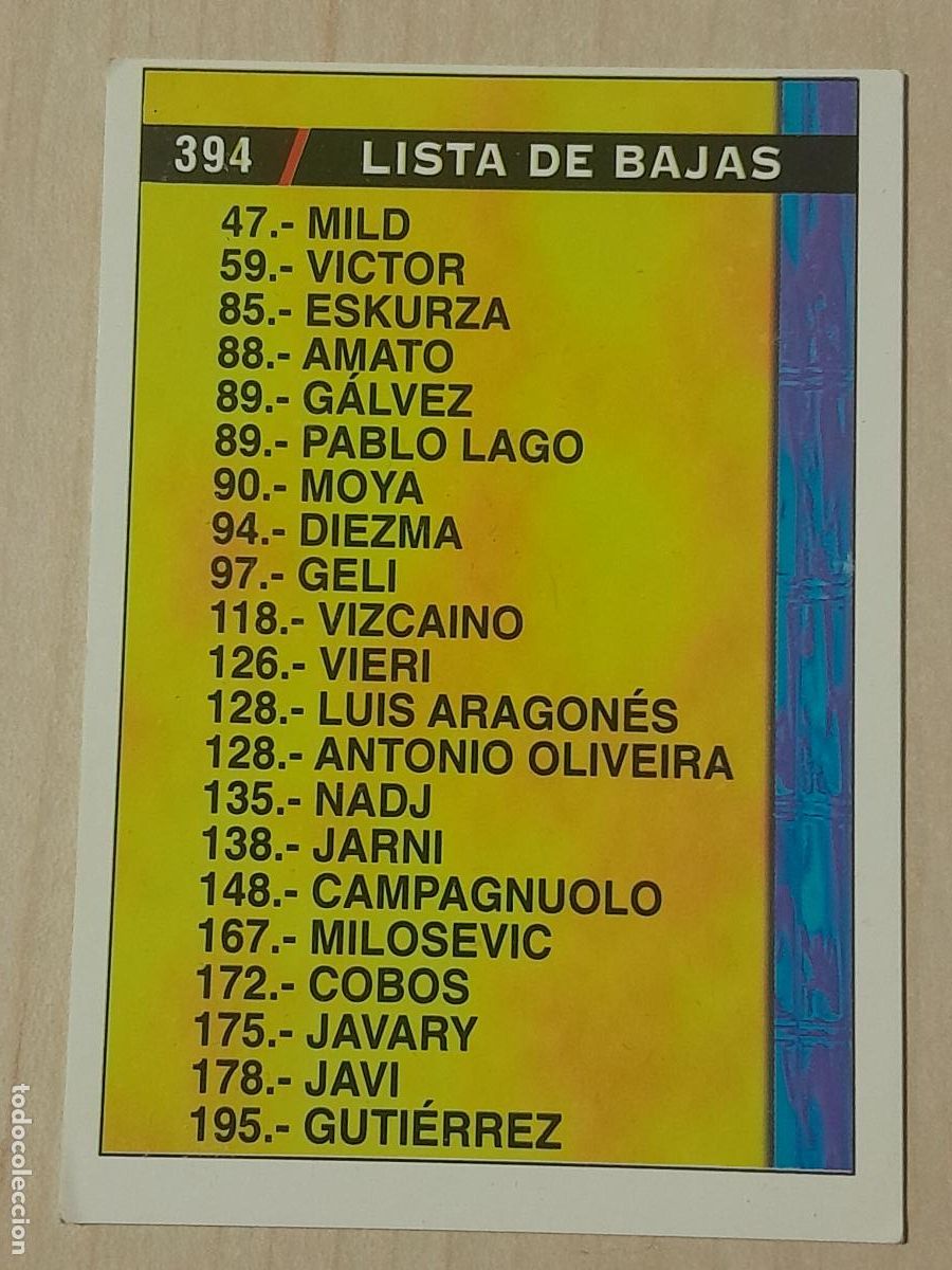 Cromos de f&uacute;tbol: N&ordm; 394 LISTA DE BAJAS - MUNDICROMO - FICHAS DE LA LIGA 98 99 -