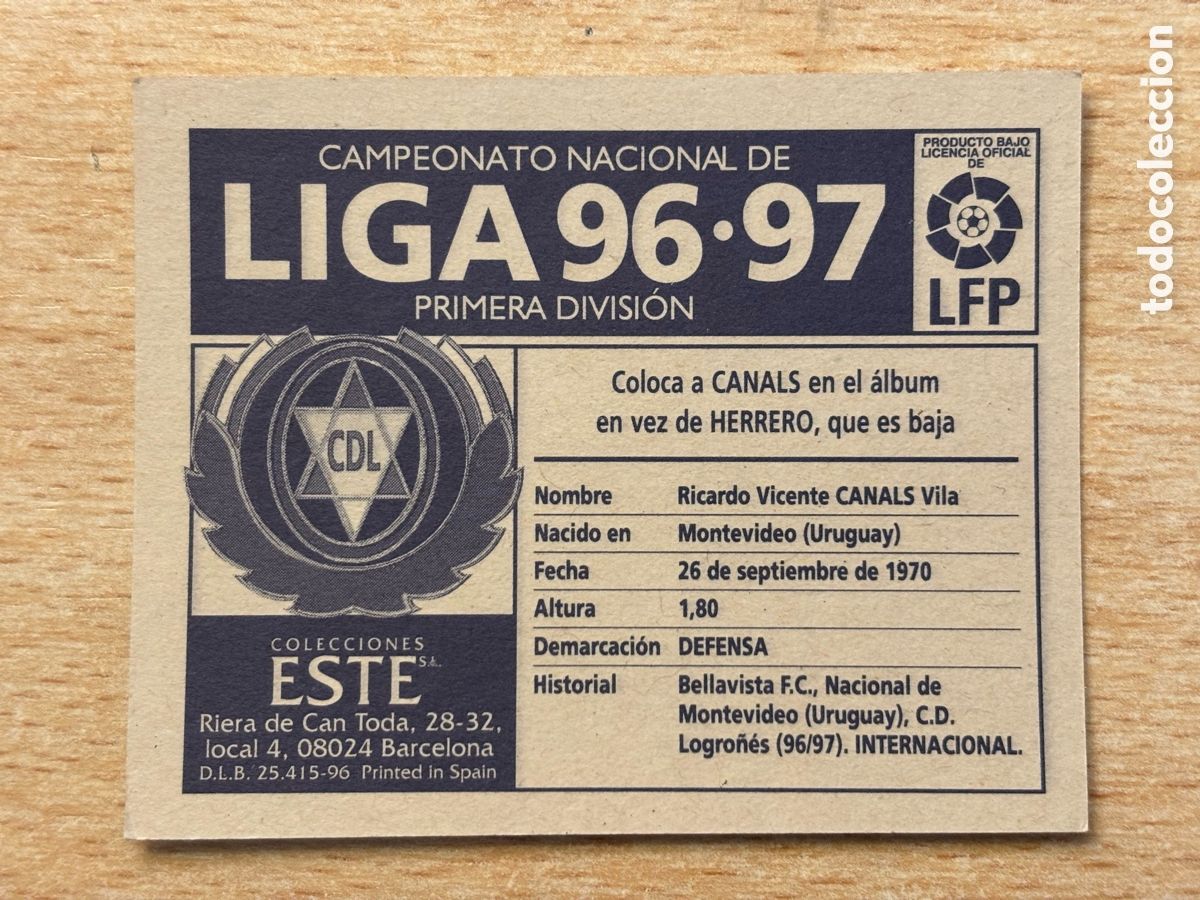 Cromos de f&uacute;tbol: Canals Coloca CD Logro&ntilde;&eacute;s Ediciones Este 96/97 sin pegar - Foto 2