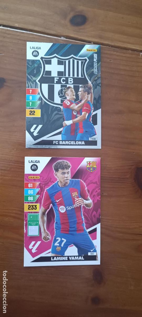 Cromos de F&uacute;tbol: 2 CROMOS ADRENALYN 23-24 : 90 LAMINE YAMAL ( BARCELONA ) Y ESCUDO PLUS 73 BIS