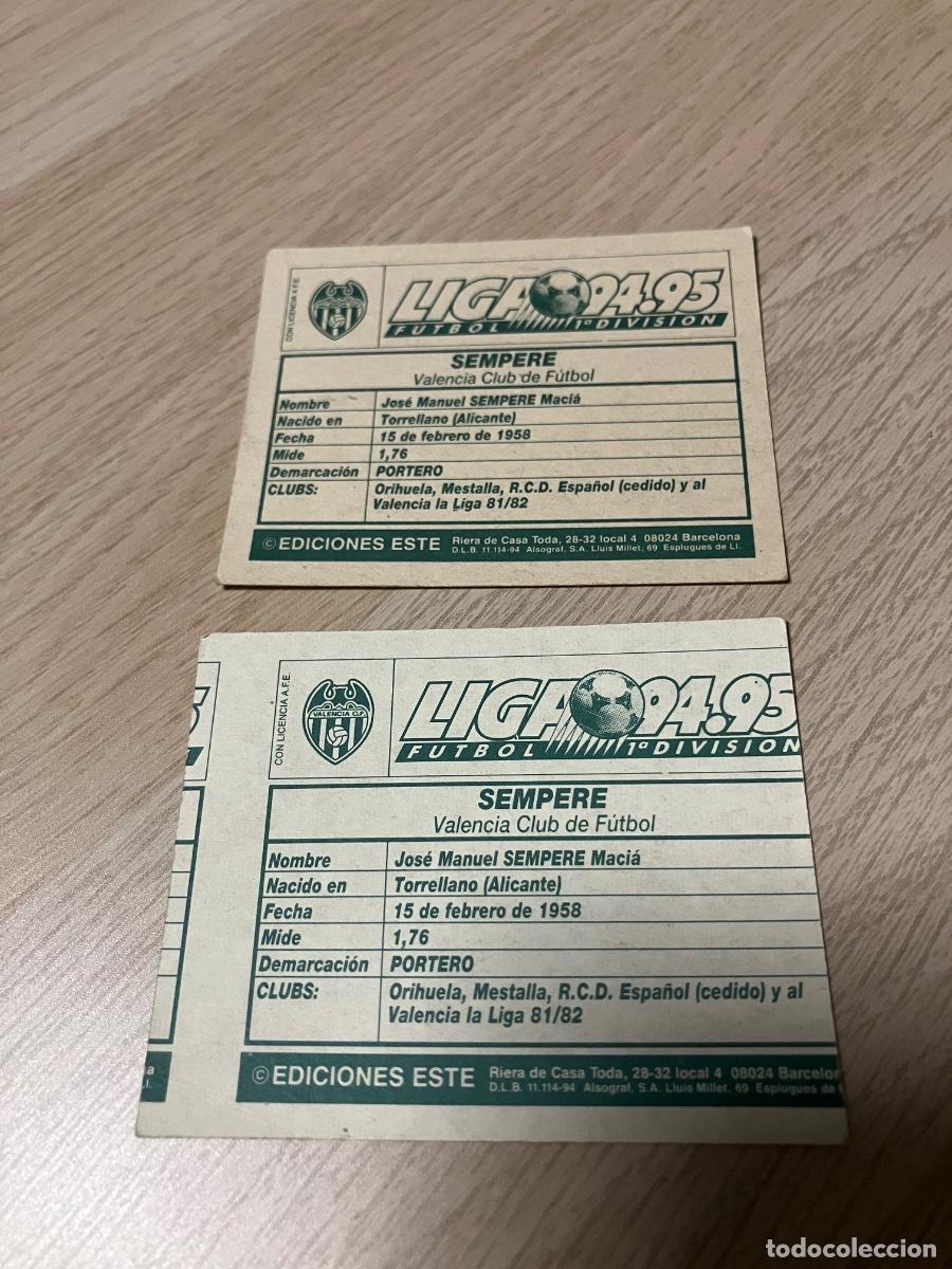 Cromos de f&uacute;tbol: Sempere doble versi&oacute;n Este 94-95. Error trasera imprenta. Sin pegar. - Foto 2