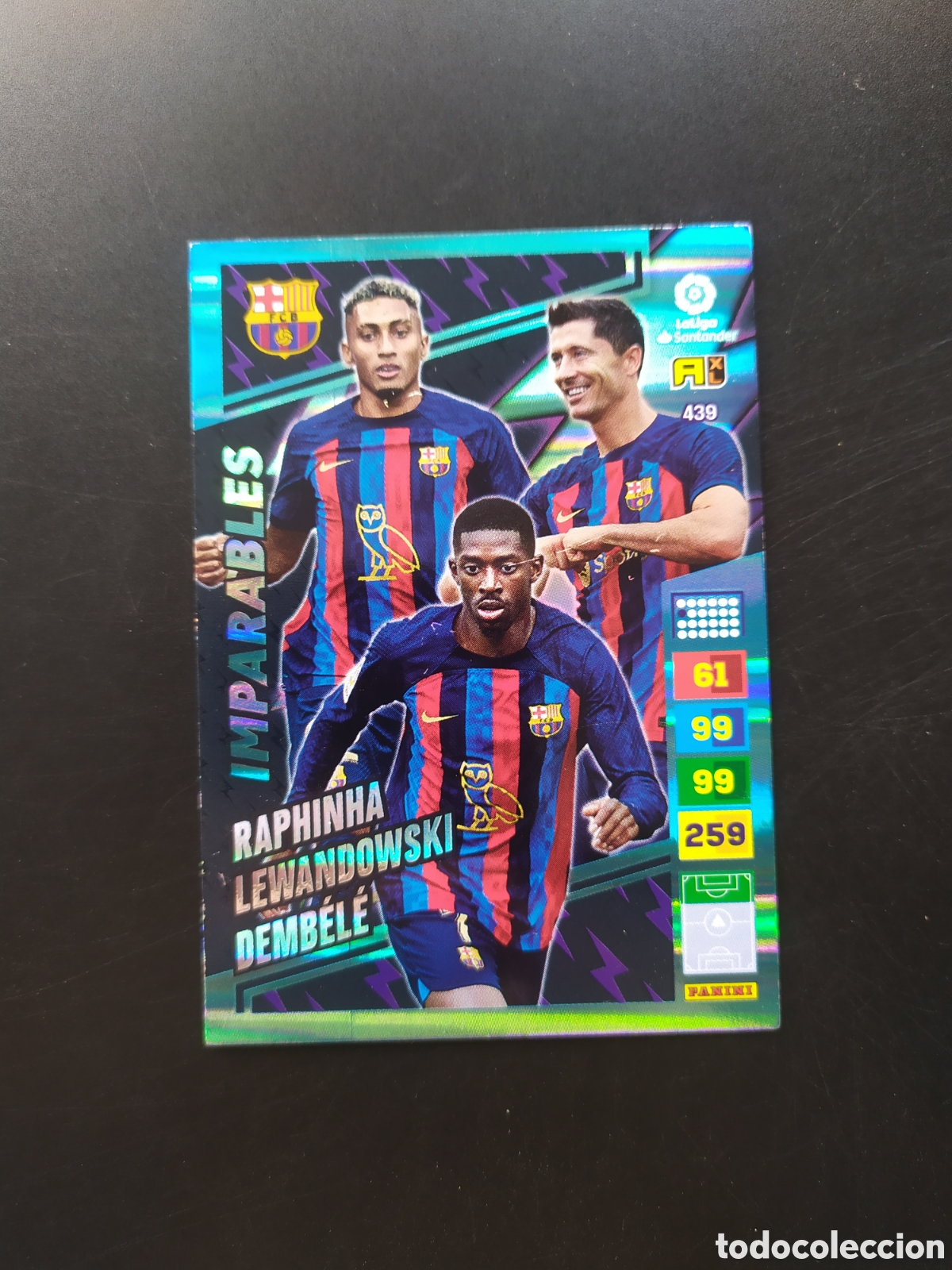 Cromos de f&uacute;tbol: Adrenalyn 2022 2023 22 23 panini Lewandowski Dembele Raphinha imparables n&deg; 439 Barcelona