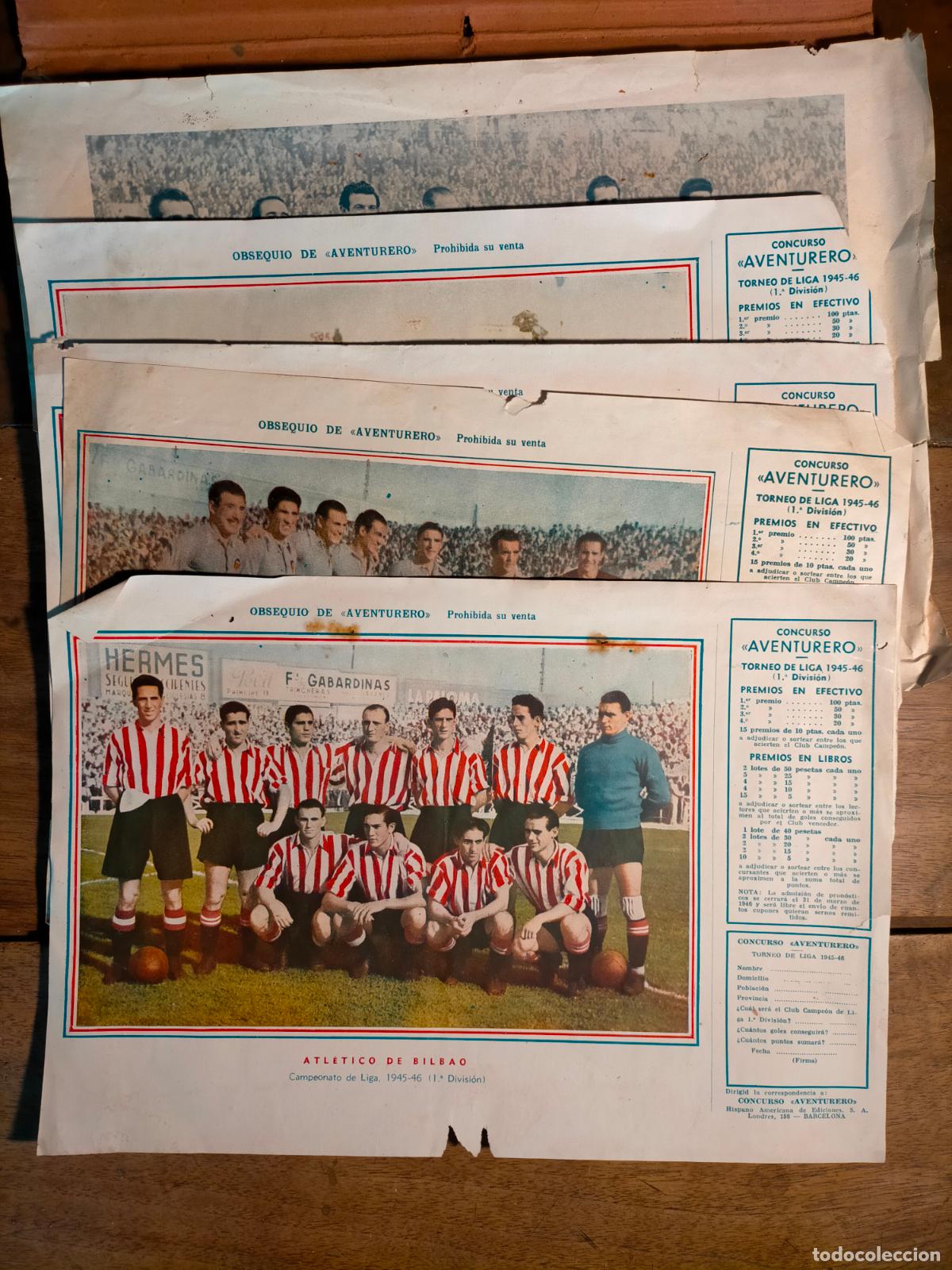 Cromos de F&uacute;tbol: 5 Papeles obsequio de aventurero equipos de futbol concurso aventurero a&ntilde;o 1945-1946 Bilbao