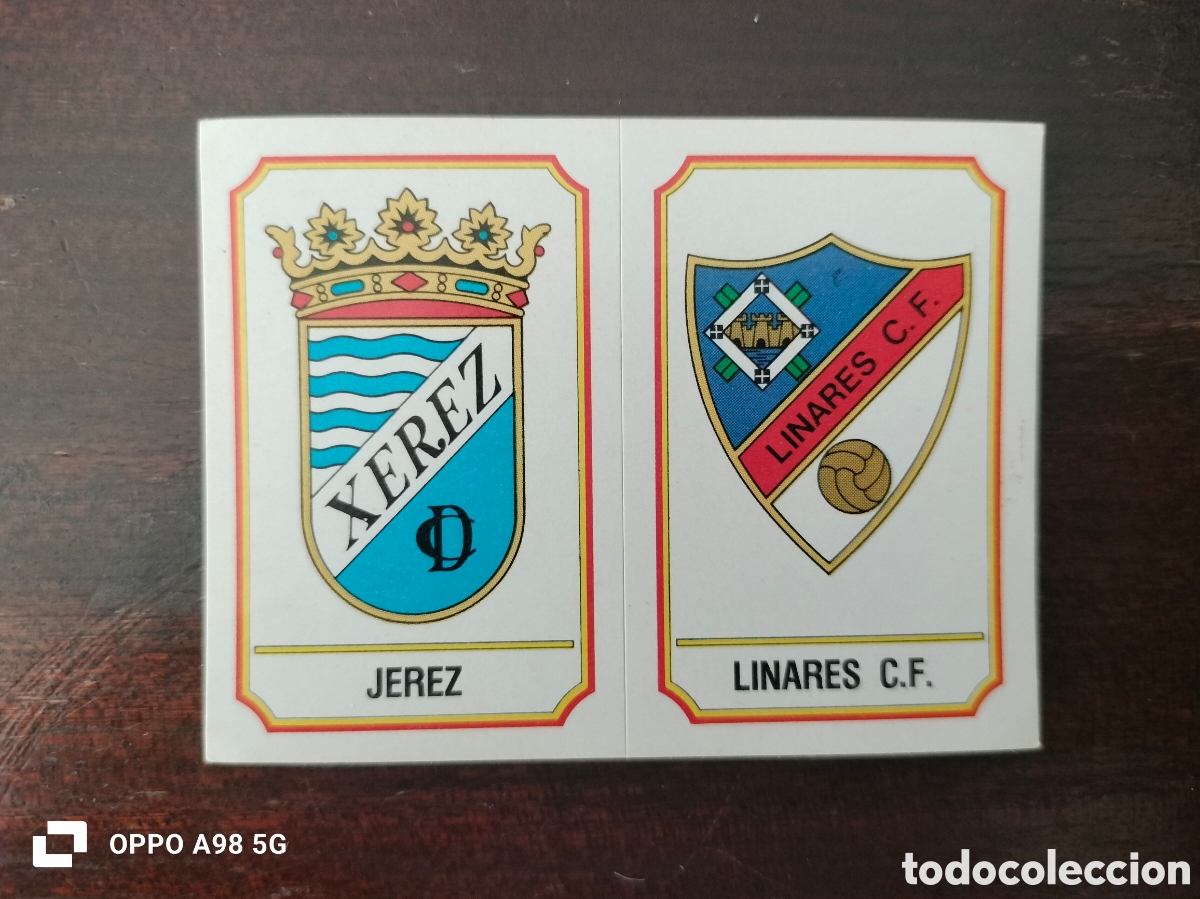 Cromos de F&uacute;tbol: Cromo 344 A B escudos Jerez Xerez y Linares Panini Futbol 83 liga temporada 1982 1983