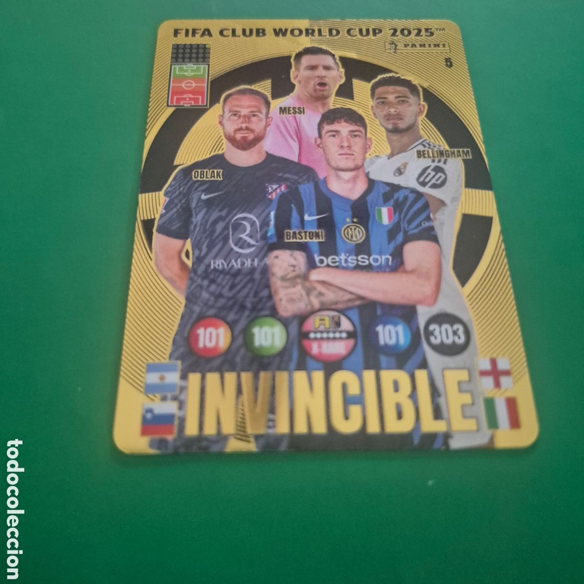 Cromos de f&uacute;tbol: 5 INVINCIBLE OBLAK MESSI BELLINGHAM X RARE GOLDEN BALLER ⚽ PANINI ADRENALYN CLUB WORLD CUP 2025 25