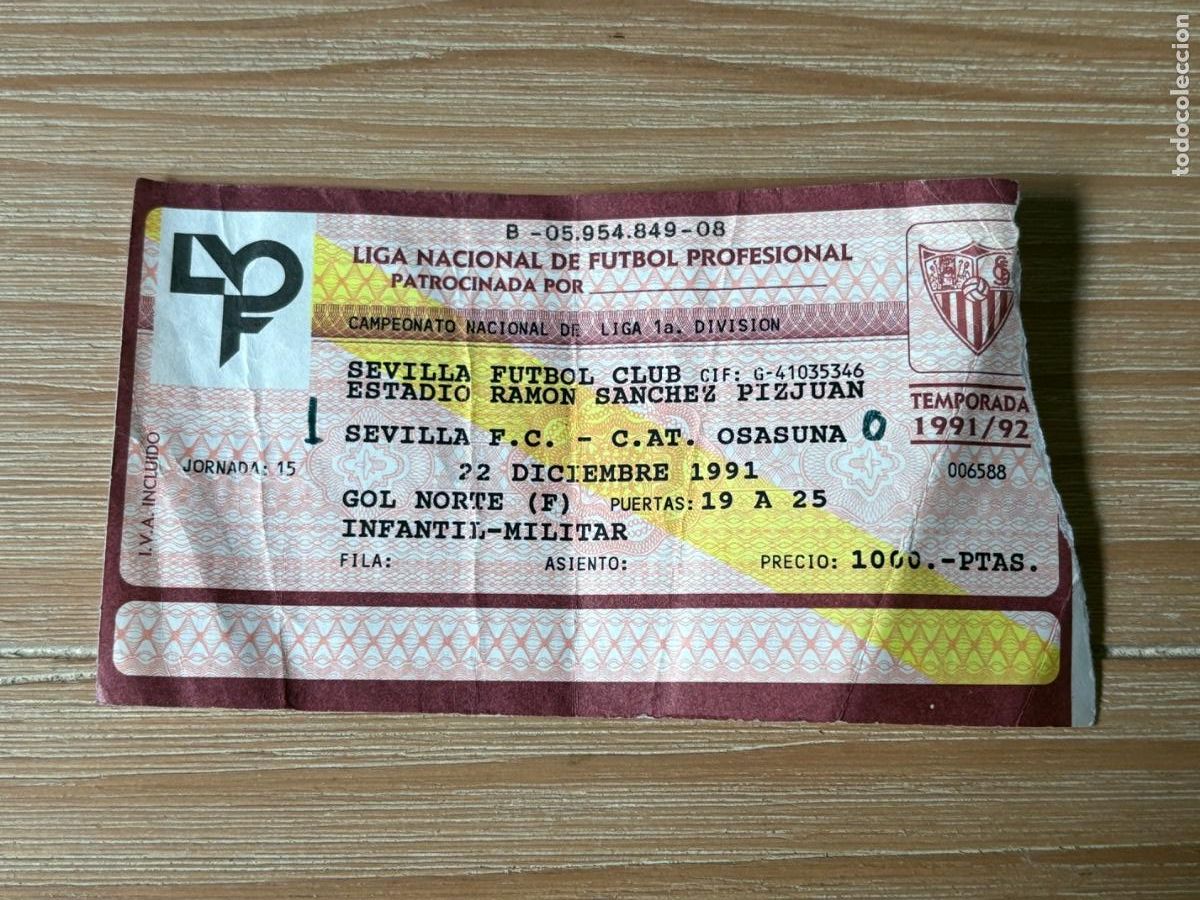 Cromos de f&uacute;tbol: B2. (2) ENTRADA F&Uacute;TBOL SEVILLA FC OSASUNA TEMPORADA 1991-92 91-92