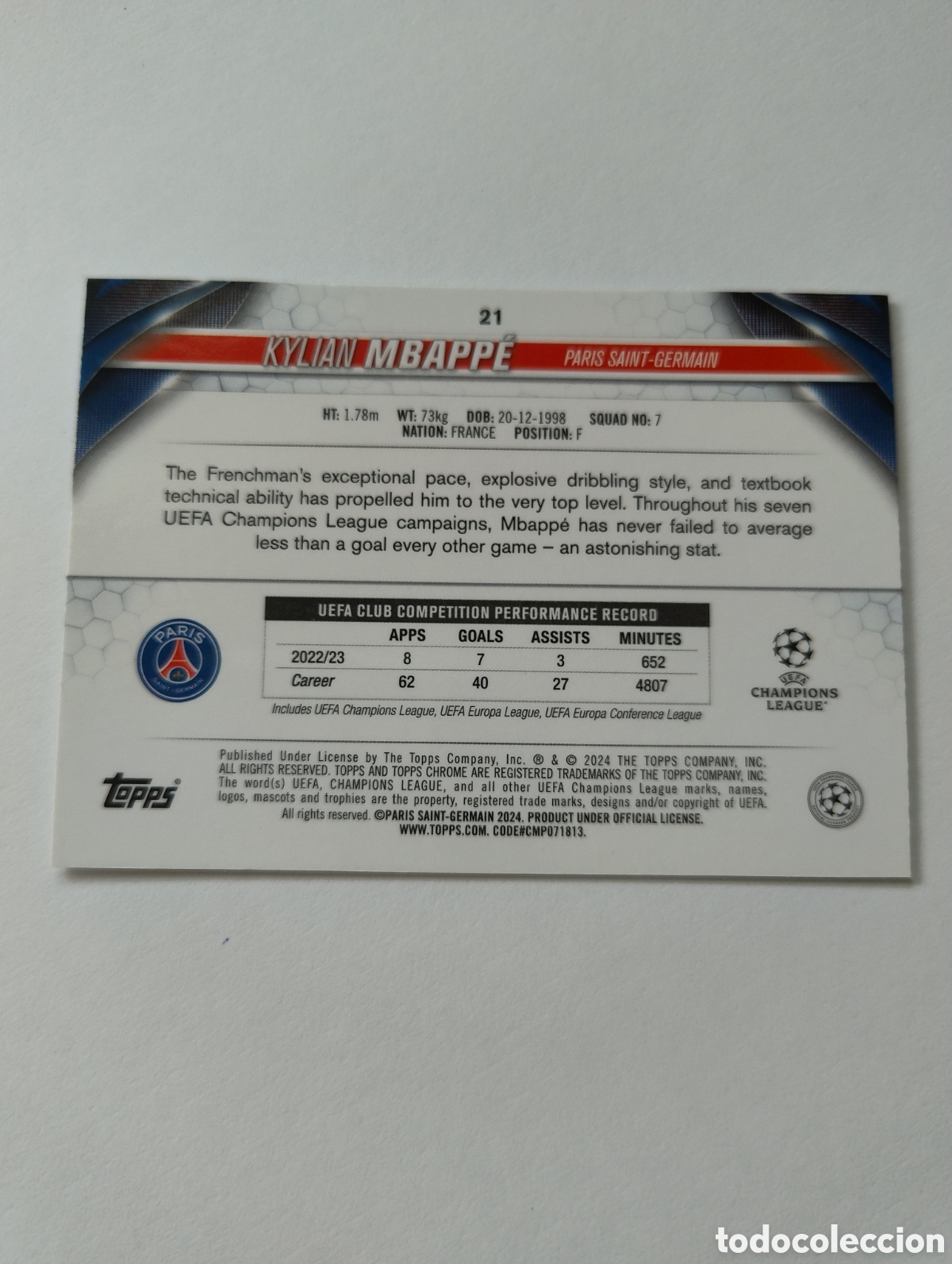 Cromos de f&uacute;tbol: 21 - Mbappe - PSG - Topps Chrome 2024 - Foto 2