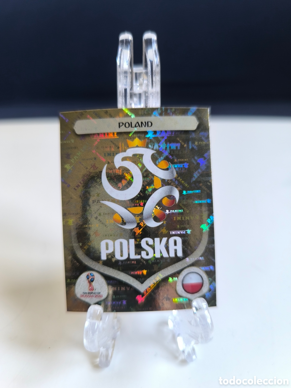 Cromos de f&uacute;tbol: Escudo Polonia mundial Rusia 2018 trasera rosa