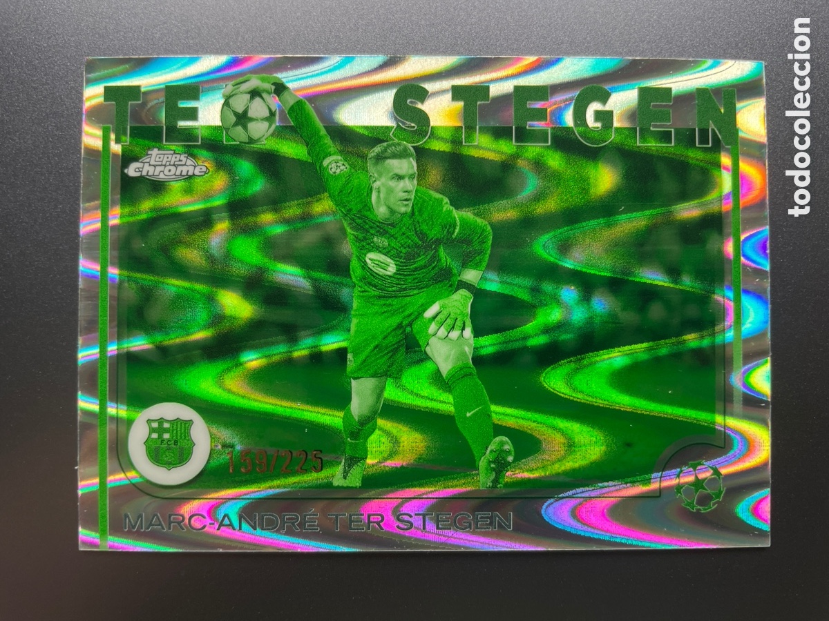 Cromos de F&uacute;tbol: Ter Stegen 153 numerada 159/225 Green Wave Dark Vision Topps Chrome 2024-25 FC Barcelona