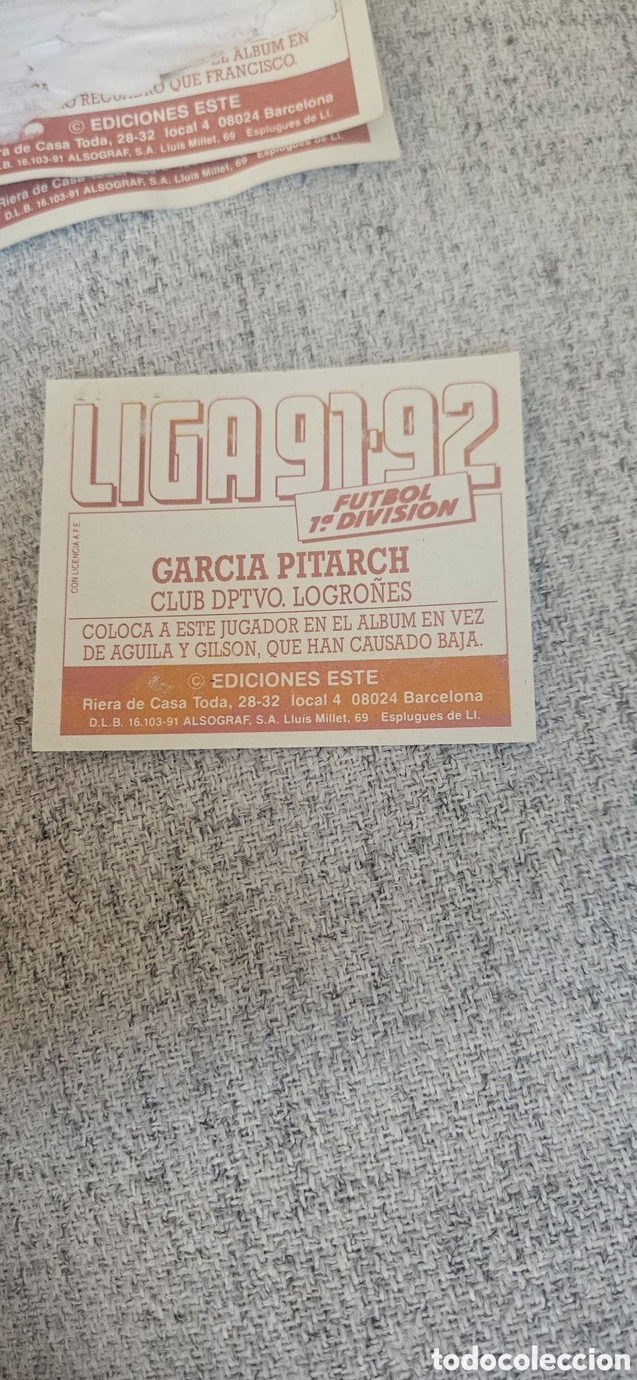 Cromos de f&uacute;tbol: Garc&iacute;a pitach logro&ntilde;es despegado este 1991 1992 91 92 - Foto 2