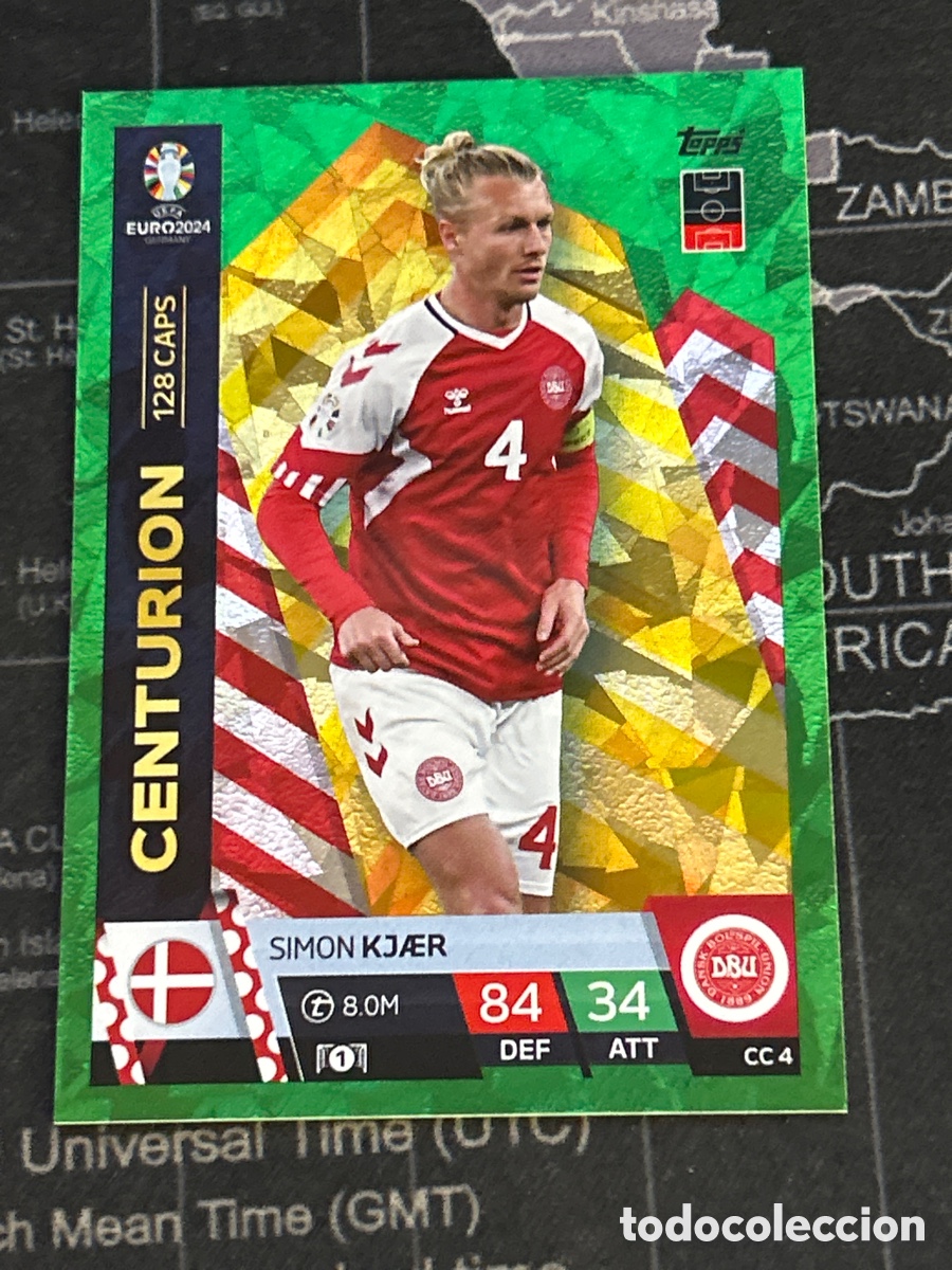 Cromos de f&uacute;tbol: CC 4 SIMON KJAER (DINAMARCA) GREEN EMERALD CRYSTAL PARALLEL MATCH ATTAX TOPPS EURO GERMANY 2024 24
