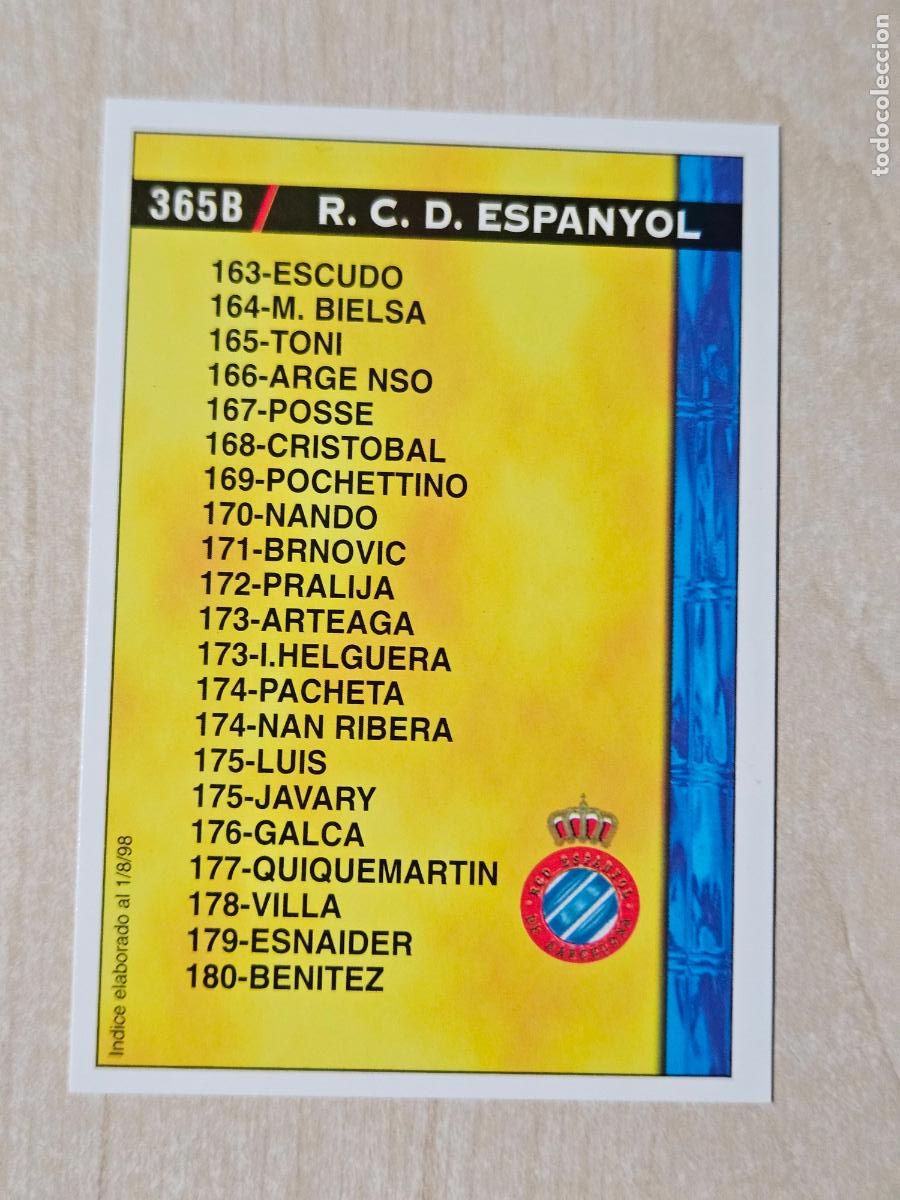 Fu&szlig;ball-Sticker: N&ordm; 365 VALENCIA - ESPANYOL - MUNDICROMO - FICHAS DE LA LIGA 98 99 - INDICE 1 AGOSTO