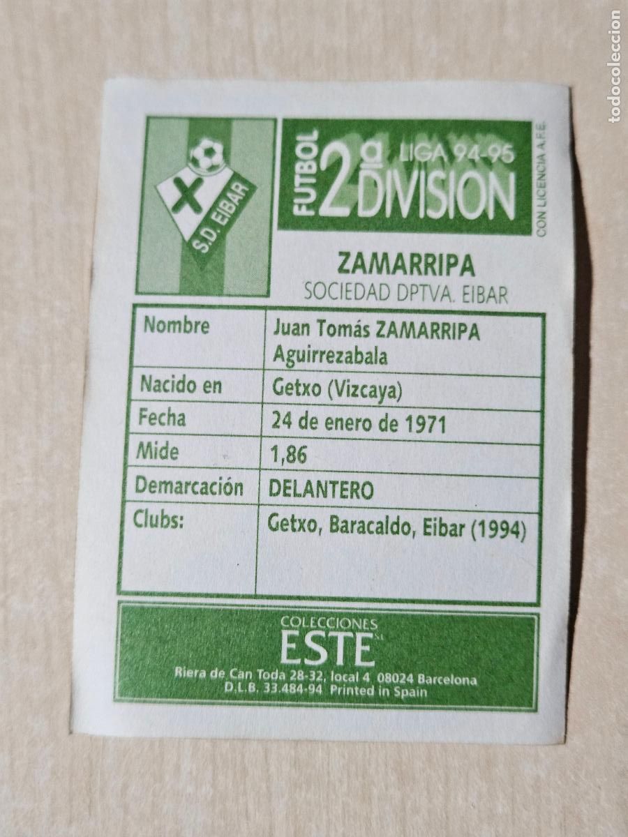 Cromos de f&uacute;tbol: ZAMARRIPA - EIBAR - EDICIONES ESTE 1994-1995, 94-95 - 2&ordf; DIVISI&Oacute;N - NUNCA PEGADO - Foto 2