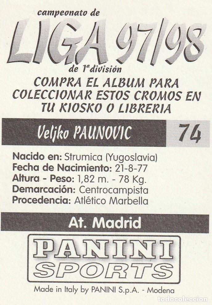 Cromos de f&uacute;tbol: PANINI 97-98. PAUNOVIC. NUNCA PEGADO. - Foto 2