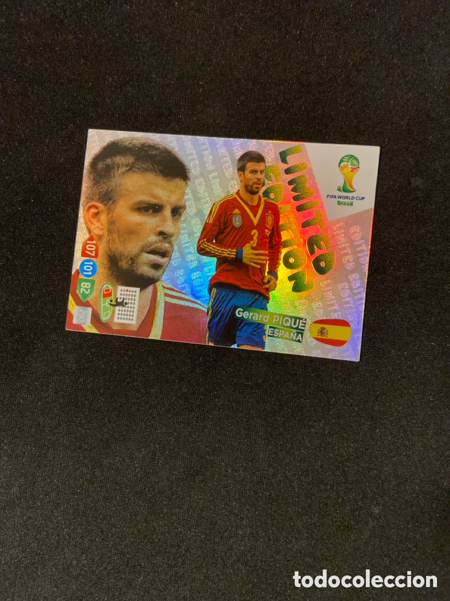 Fu&szlig;ball-Sticker: GERARD PIQUE LIMITED PANINI ADRENALYN MUNDIAL 2014 BRASIL 14 FUTBOL EDICION LIMITADA CARTA A-1