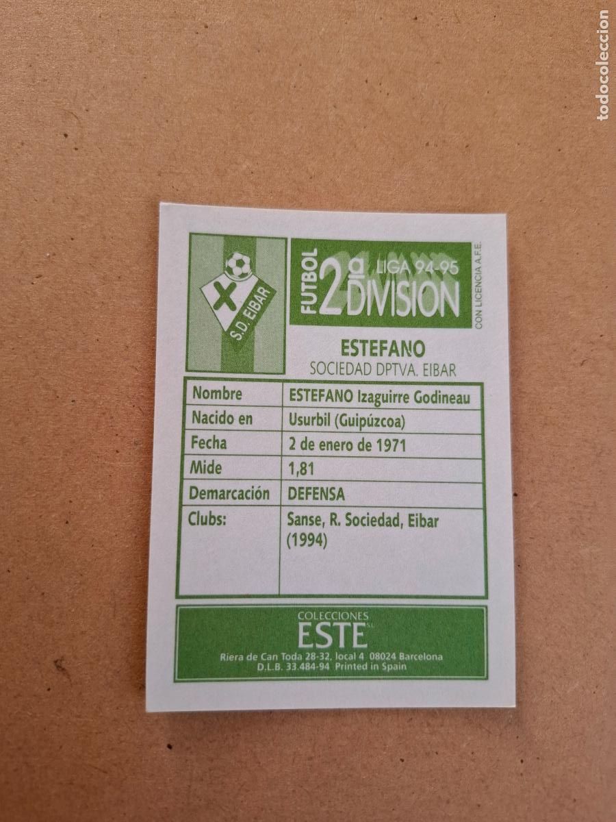 Cromos de f&uacute;tbol: ESTE 94 95 1994 1995 2&ordf; DIVISI&Oacute;N - ESTEFANO - SD. EIBAR ( NUNCA PEGADO ) - Foto 2