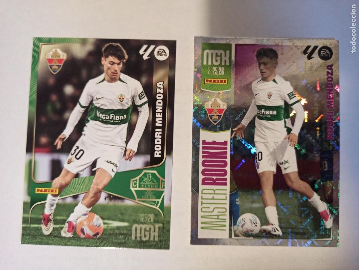 Cromos de f&uacute;tbol: LOTE 2 ROOKIE CARDS RODRIGO MENDOZA ELCHE 138 Y 515 MASTER - LIGA MEGACRACKS 2025 2026 25 26 PANINI