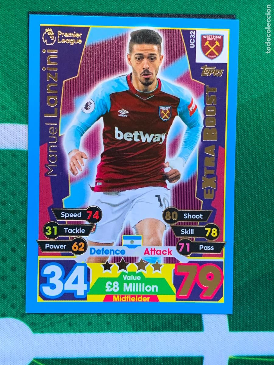 Fu&szlig;ball-Sticker: UC32 Manuel Lanzini West Ham United Extra Boost Match Attax Extra Topps Premier League 2017 2018 17