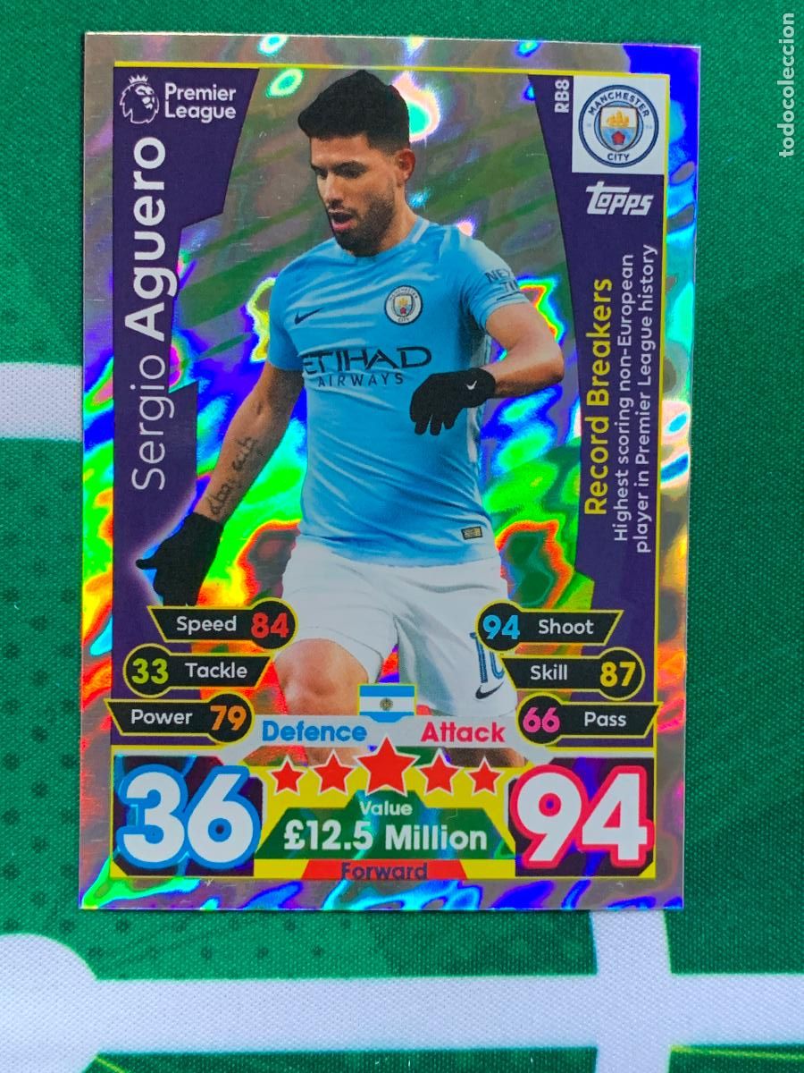 Fu&szlig;ball-Sticker: RB8 Sergio Aguero Manchester City Record Breakers Match Attax Extra Topps Premier League 2017 2018 1