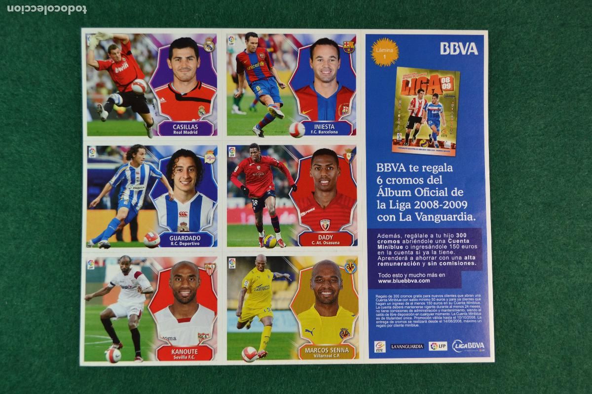 Fu&szlig;ball-Sticker: LIGA ESTE 2008-09 - LA VANGUARDIA LAMINA NUMERO 1 - 6 CROMOS MADRID BARCELONA OSASUNA VILLARREAL