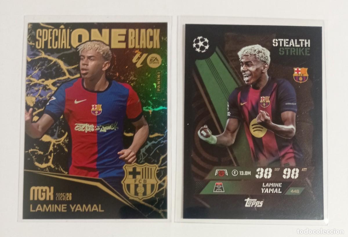 Cromos de F&uacute;tbol: LOTE DOS LAMINE YAMAL, SPECIAL ONE BLACK MGK 2025-26 Y STEALTH STRIKE DE TOPPS MATCH ATTAX