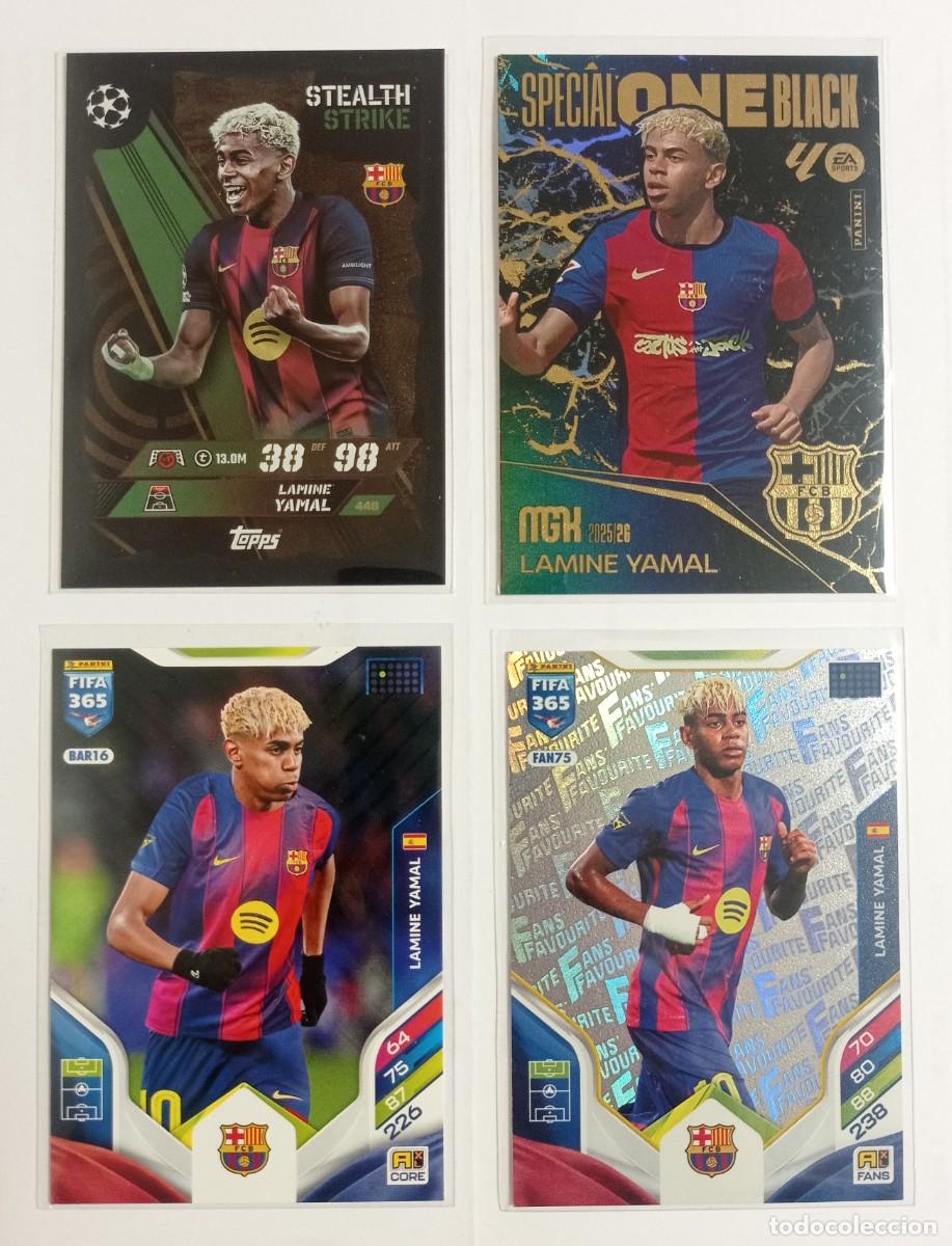 Cromos de F&uacute;tbol: LOTE DE 4 LAMINE YAMAL, FIFA 365 LA 16 Y LA FAN 75,ESPECIAL ONE BLACK MGK 2025-26 Y STEALTH STRIKE D