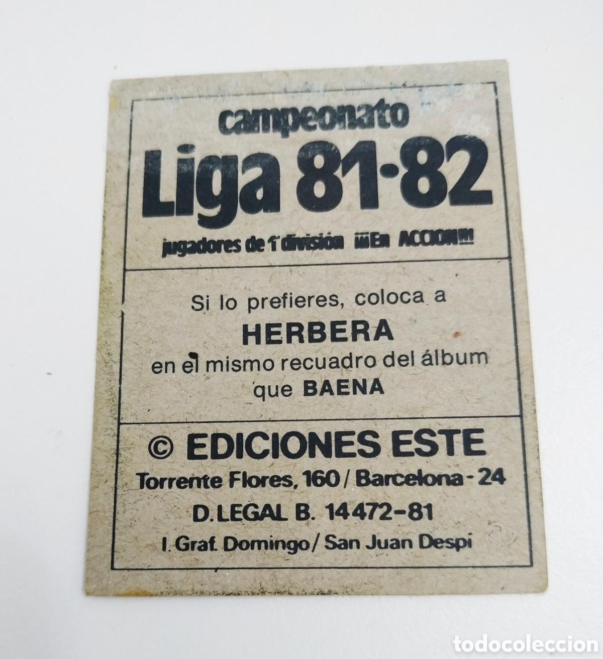 Cromos de F&uacute;tbol: Herbera 81-82, error trasera, ESTE. Coloca Versi&oacute;n sin Hercules CF.
