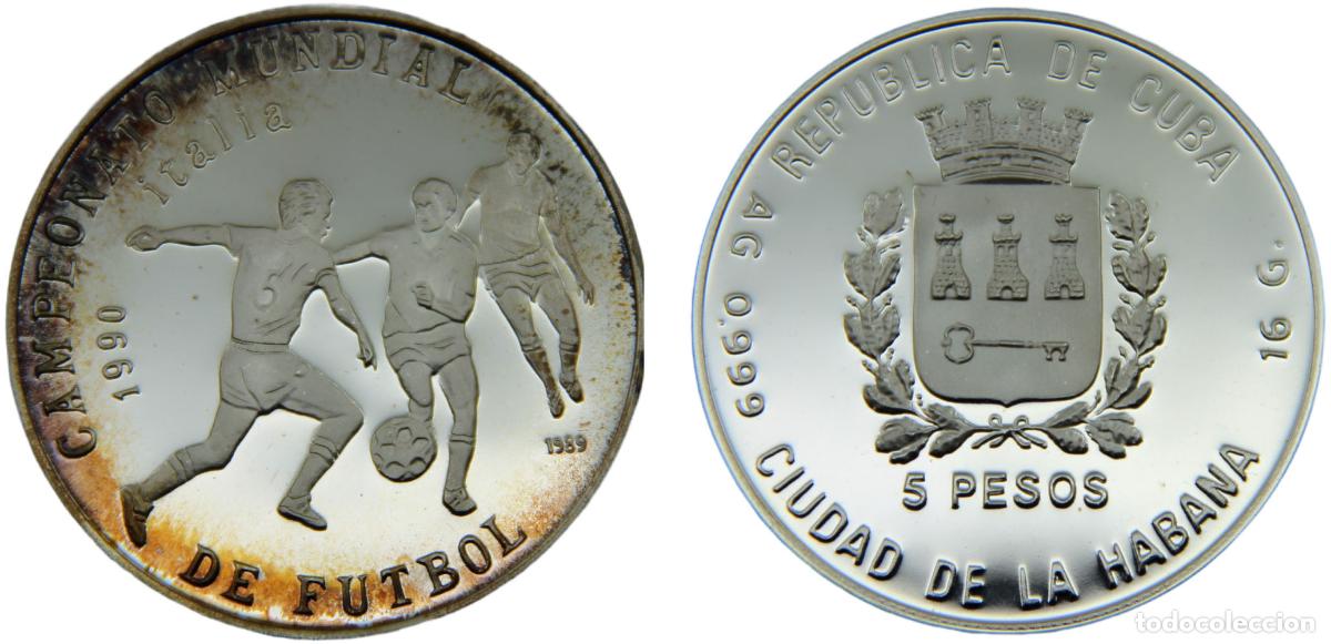 Fu&szlig;ball-Sticker: Cuba Second Republic 1989 5 Pesos 14th, FIFA World Cup Italy, 1990, 3 footballers
