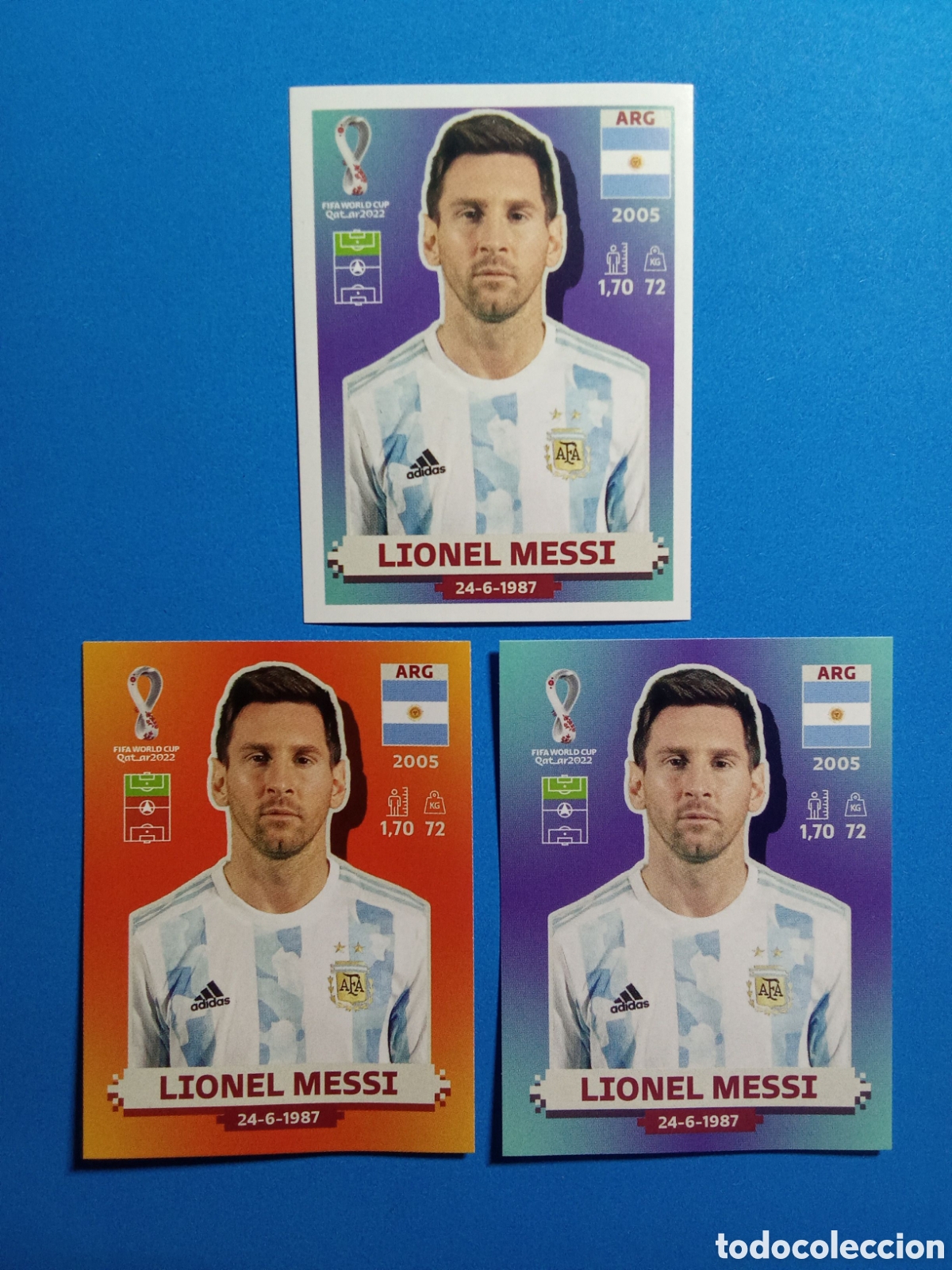 Cromos de F&uacute;tbol: LOTE 3 VERSION STICKER MESSI ARGENTINA MUNDIAL QATAR 22 NARANJA AZUL Y BLANCO