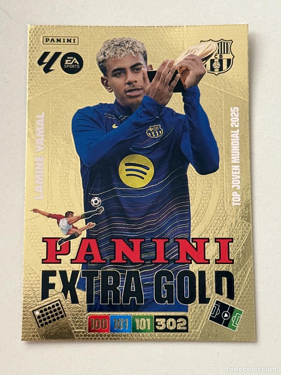 Cromos de F&uacute;tbol: Lamine Yamal, FC Barcelona, Panini Extra Gold Top Joven Mundial Adrenalyn XL La Liga 2025 2026 25 26
