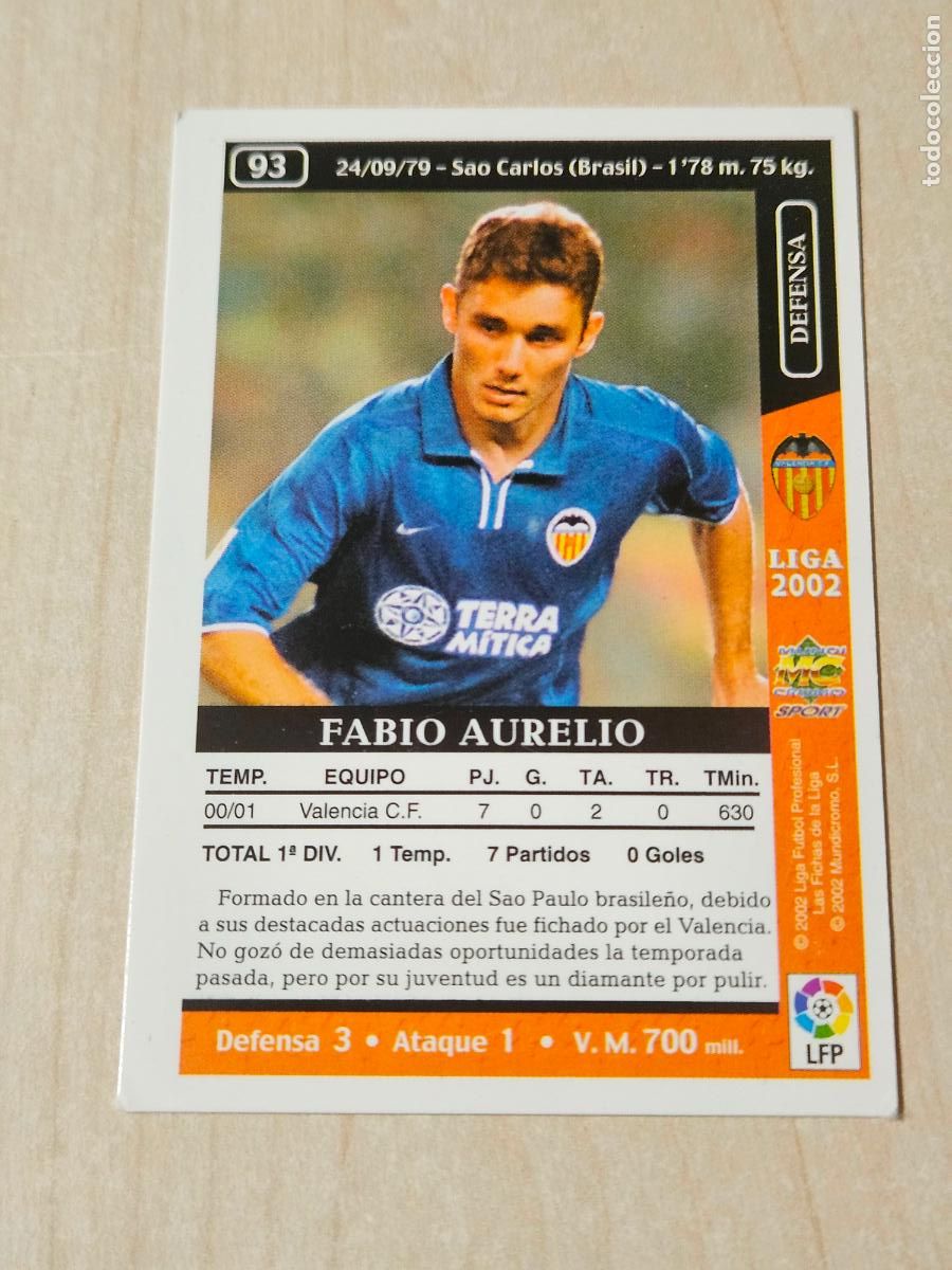 Cromos de F&uacute;tbol: N&ordm; 93 FABIO AURELIO - LAS FICHAS DE LA LIGA 2002 - MUNDICROMO - VALENCIA - VERSION