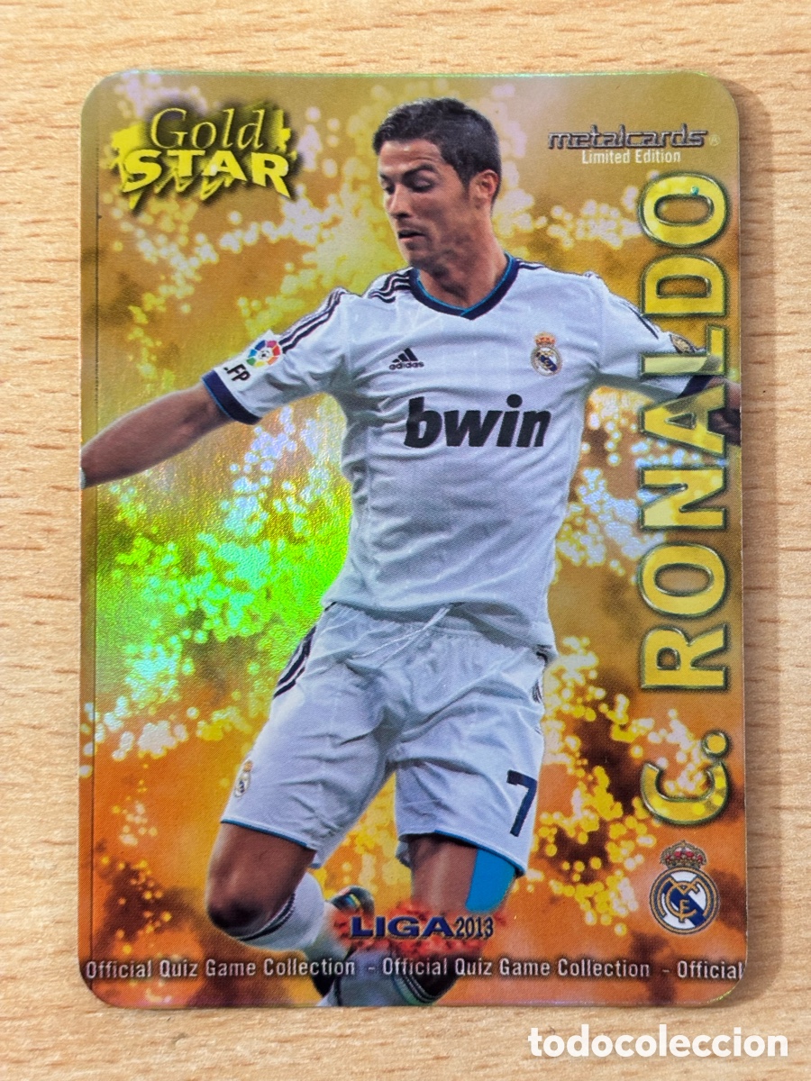 Cromos de F&uacute;tbol: Cristiano Ronaldo Real Madrid Mundicromo 2013 Gold Star Metalcard brillo liso perfecto estado
