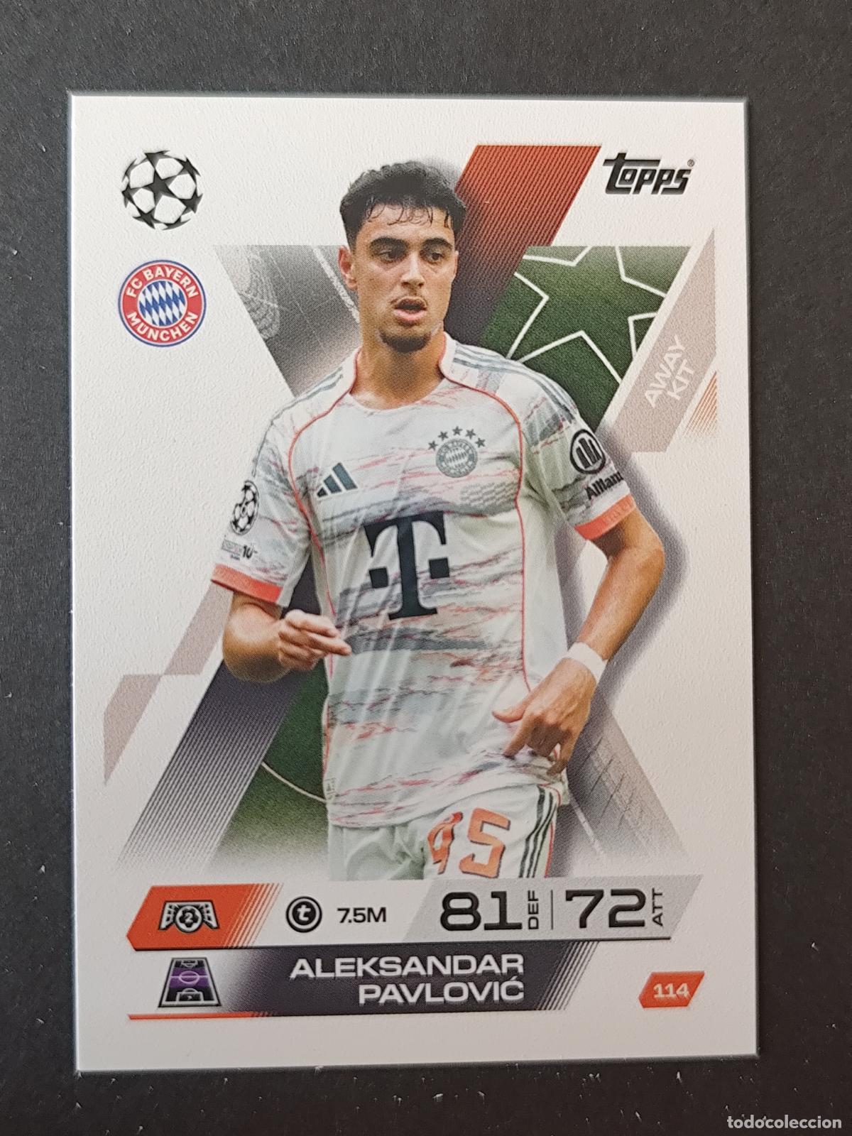 Cromos de F&uacute;tbol: 114 ALEKSANDAR PAVLOVIĆ BAYERN MUNICH M&Uuml;NCHEN AWAY KIT MATCH ATTAX EXTRA 2025 2026 25 26 TOPPS
