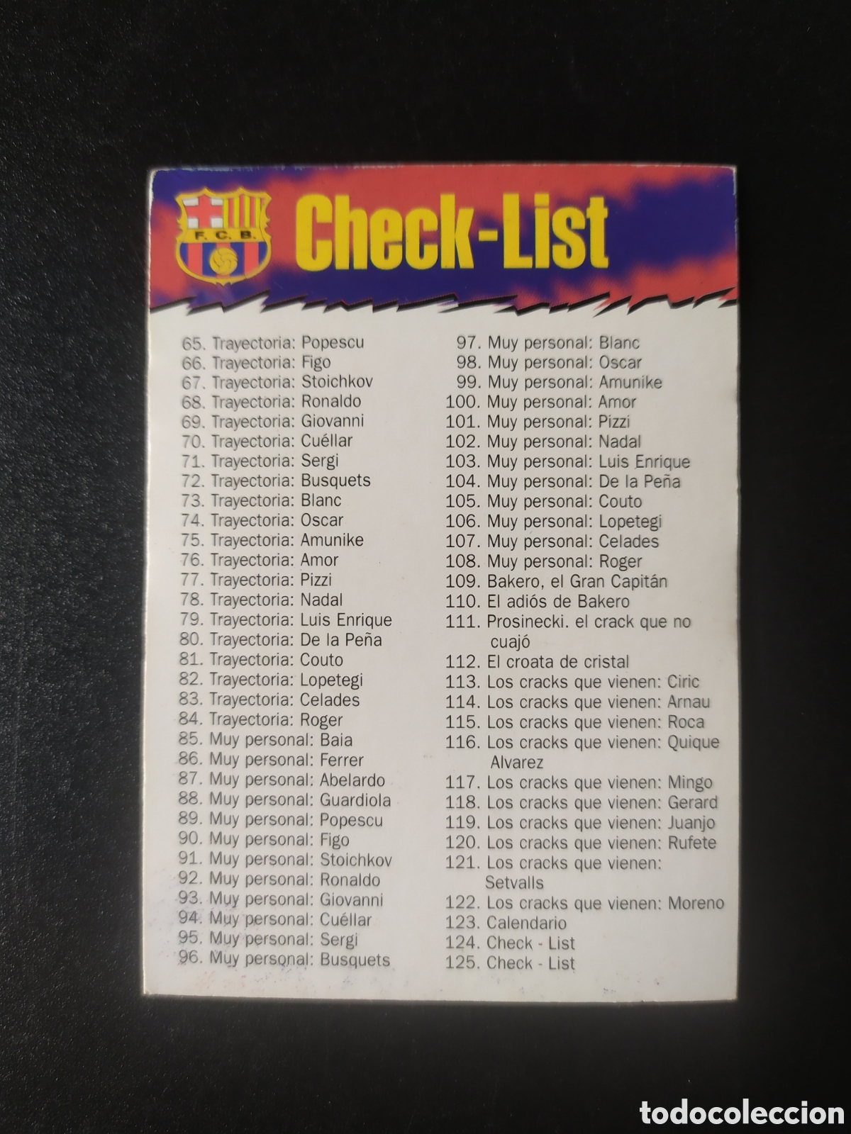 Figurine di Calcio: Colecci&oacute;n oficial FC Barcelona 1996 1997 96 97 panini check-list n&ordm; 125