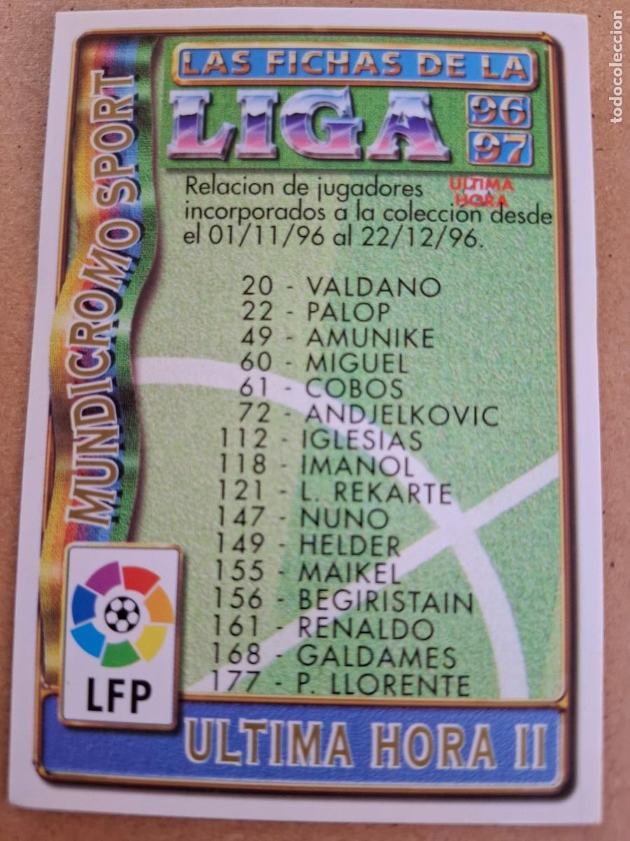 Cromos de F&uacute;tbol: MUNDICROMO 96 97 1996 1997 - INDICE &Uacute;LTIMA HORA II