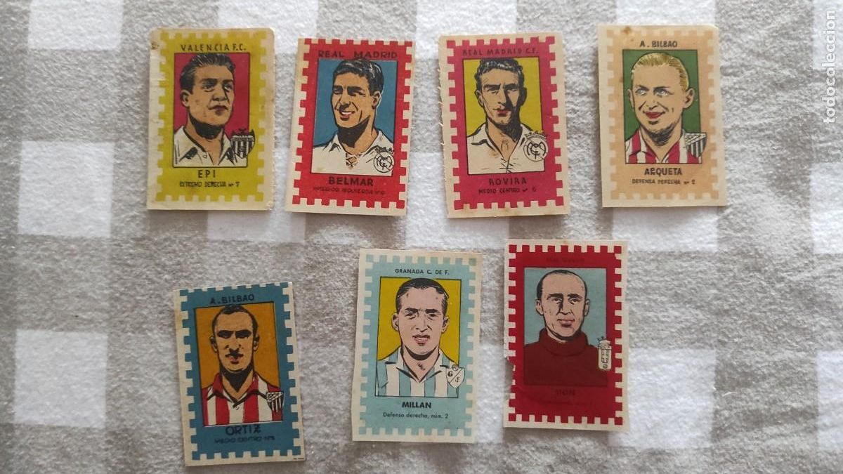 Cromos de f&uacute;tbol: 7 cromos Leyendas infantiles. Sellos deportivos 1942