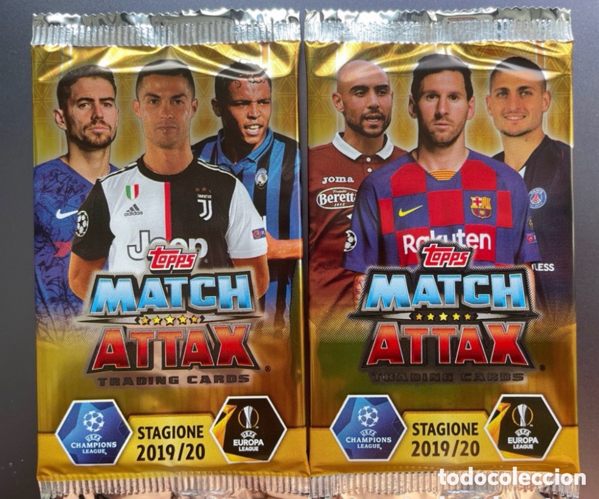 Cromos de F&uacute;tbol: Lote 2 sobres Messi Cristiano Ronaldo Match Attax 2019-20 Topps 6 cards / sobre