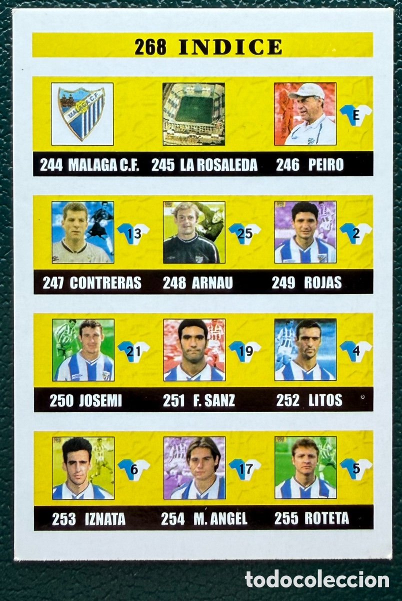 Fu&szlig;ball-Sticker: 268 INDICE MALAGA CF FICHAS ALBUM MUNDICROMO 2002 2003 02 03
