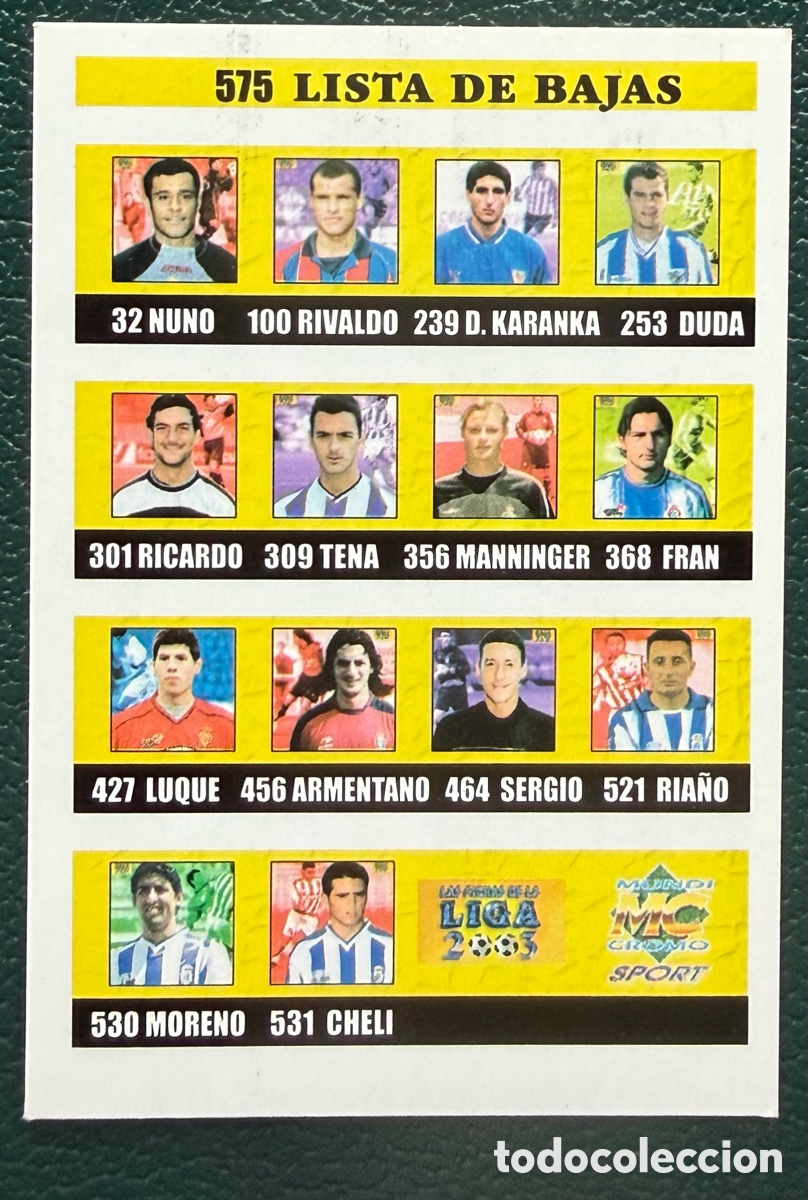 Cromos de f&uacute;tbol: 575 LISTA DE BAJAS FICHAS ALBUM MUNDICROMO 2002 2003 02 03