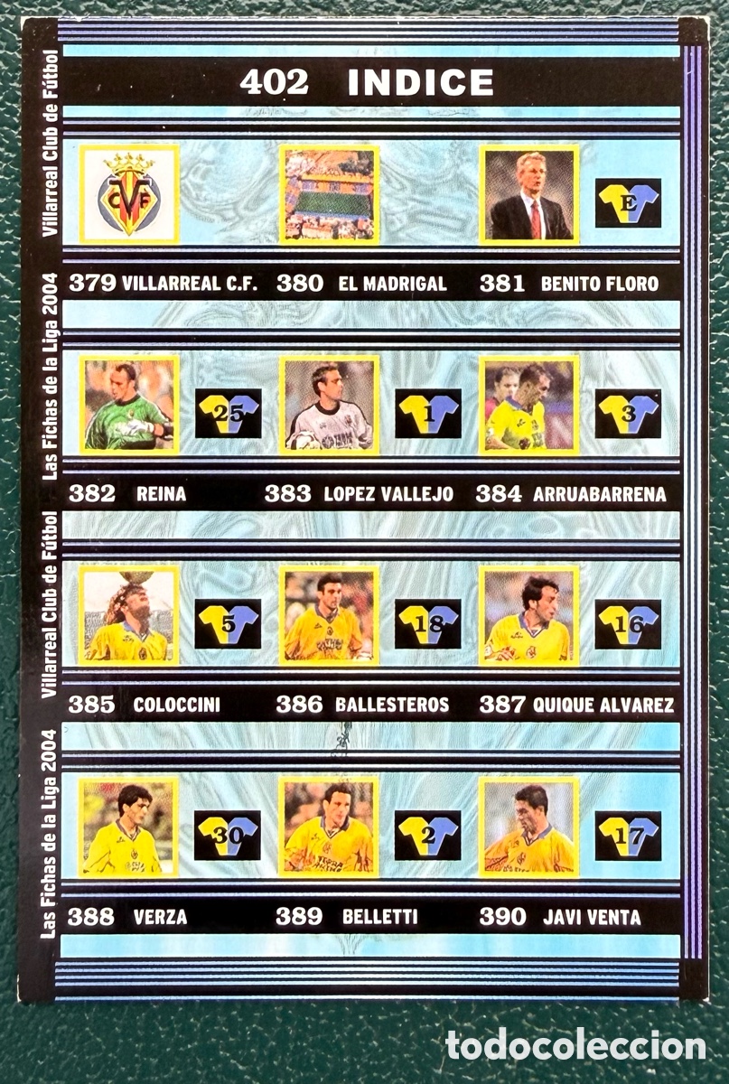 Football Stickers: 402 FICHA INDICE VILLARREAL CF FICHAS ALBUM MUNDICROMO 2003 2004 03 04