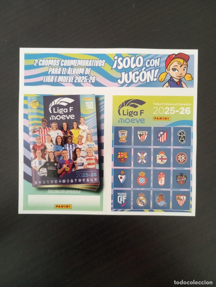 Cromos de f&uacute;tbol: 2 CROMOS CONMEMORATIVOS PANINI LIGA F MOEVE 2025 2026 25 26 FEMENINA EXCLUSIVOS REVISTA JUGON