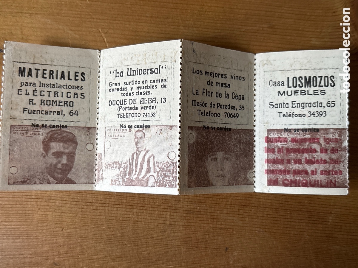 Cromos de F&uacute;tbol: Tira de cupones de ciegos 1933 completa cuatro cromos de f&uacute;tbol toros Cine