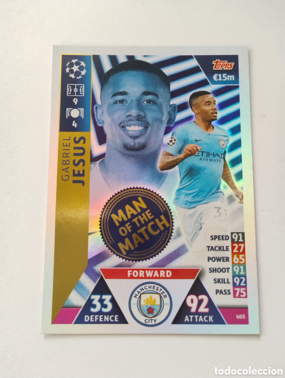 Fu&szlig;ball-Sticker: 405 - Gabriel Jesus - Manchester - Topps Match Attax 2018 - 2019 Man of the Match