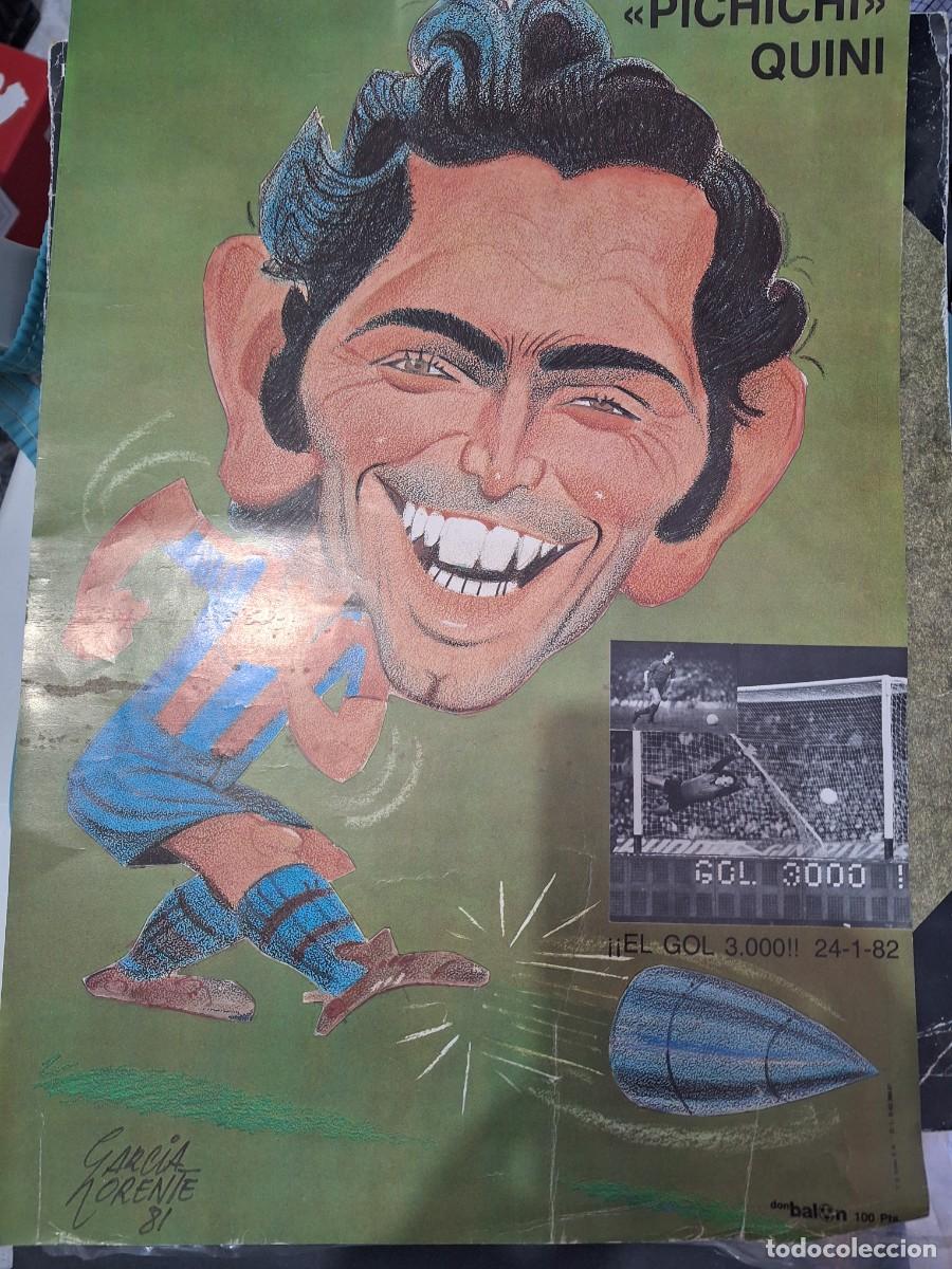 Fu&szlig;ball-Sticker: Raro poster cartel don balon caricatura 1981 pichichi quini gol 3000 Barcelona 24 enero 1982 LEER