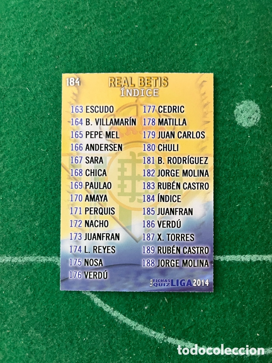 Cromos de F&uacute;tbol: 184 REAL BETIS LAS FICHAS DE LA LIGA 2013 2014 MUNDICROMO &Iacute;NDICE