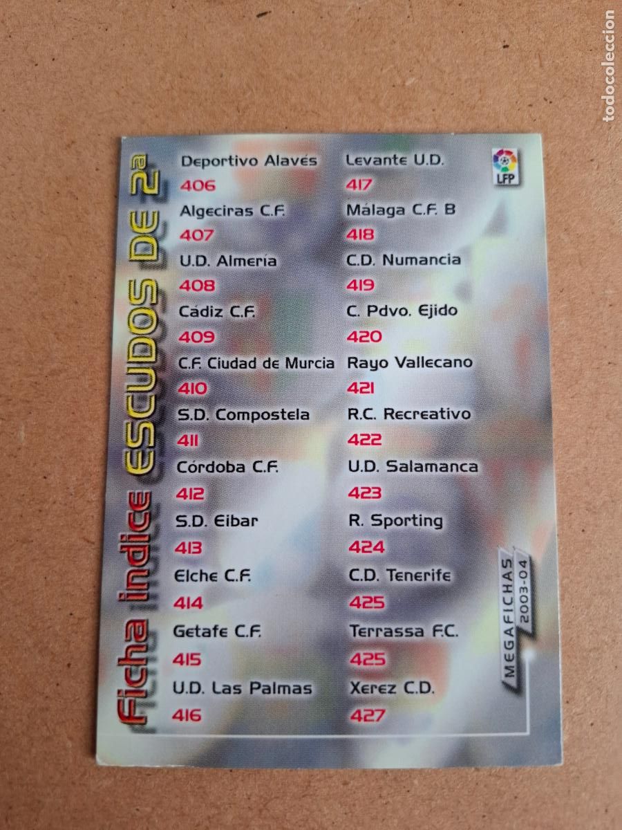 Cromos de F&uacute;tbol: MEGAFICHAS 2003 2004 03 04 PANINI &Iacute;NDICE ESCUDOS 2&ordf; DIVISI&Oacute;N / SUPERLIGA FEMENINA (CORREGIDA) - (CM)