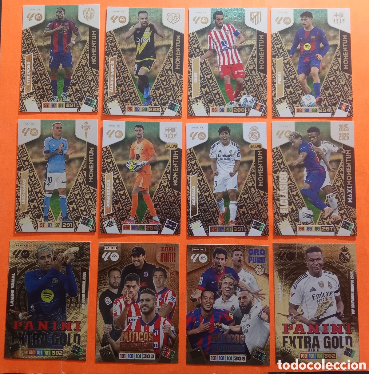 Cromos de F&uacute;tbol: LOTE COMPLETO NUEVO MOMENTUM MITICOS INVENCIBLE Y EXTRA GOLD YAMAL Y MBAPPE ADRENALYN 25-26