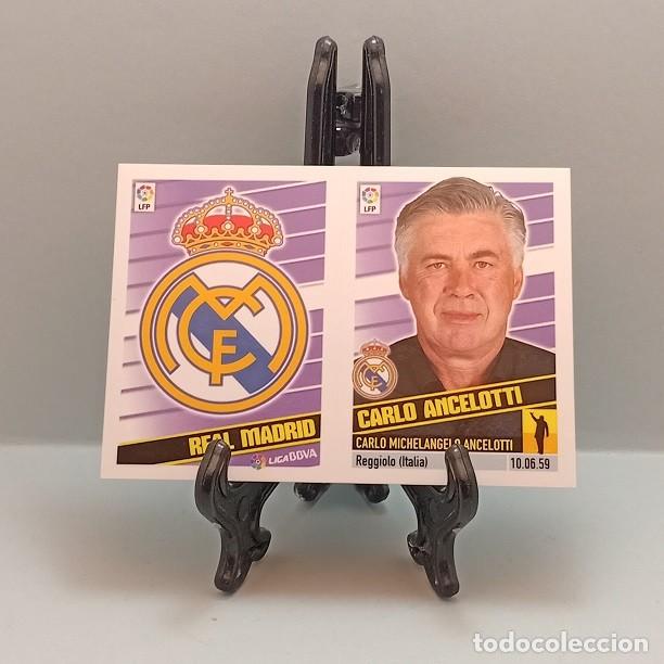 Fu&szlig;ball-Sticker: 12 CARLO ANCELOTTI + ESCUDO REAL MADRID CF CROMO LIGA EDICIONES ESTE 2013 2014 NUEVO NUNCA PEGADO