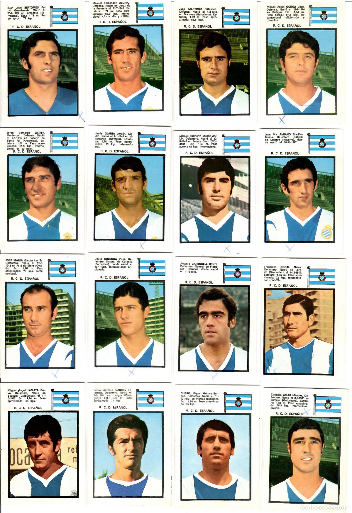 Cromos de F&uacute;tbol: R.C.D. Espa&ntilde;ol: Lote de 16 cromos del album de futbol Campeonato de Liga 1971-72, FHER (Eq. completo